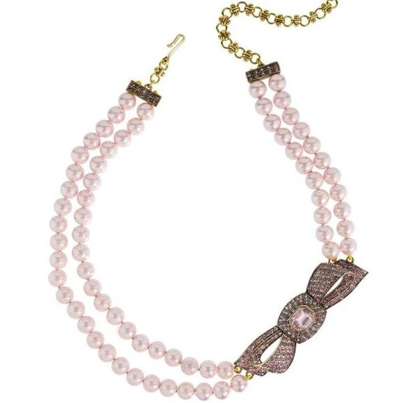 Heidi Daus "Beaux Arts" Pink Pave Crystal Bow Pearl Beaded Two Strand Necklace - Picture 2 of 15